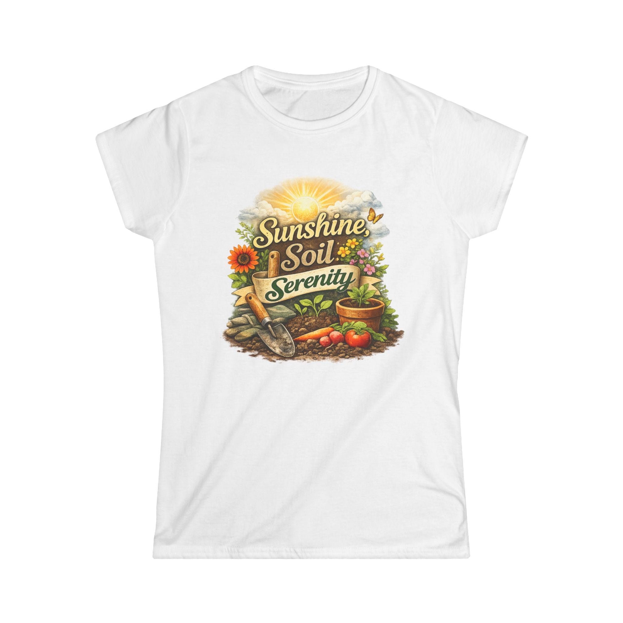 Sunshine, Soil & Serenity  Vintage Garden Lovers Tee, Women's Softstyle Tee, Women’s Gardening Tee, Gardener Gift, Plant Lover T-Shirt, Garden Life Shirt