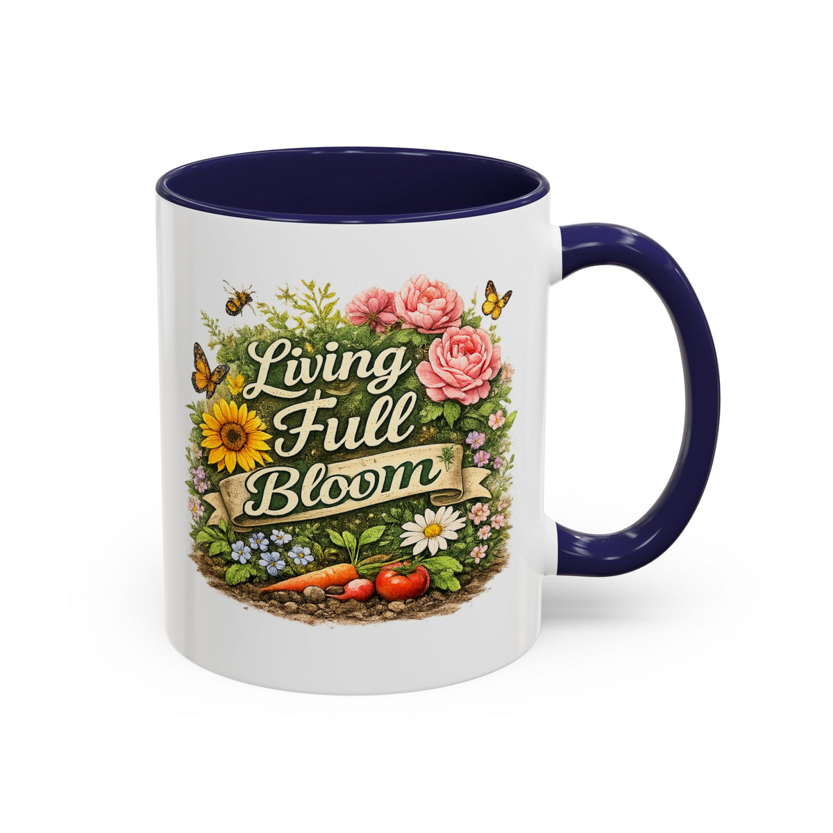 Living Full Bloom Floral Coffee Mug — Garden Lover Coffee Mug, Gardener Gift, Plant Lover Cup, Gardening Mug