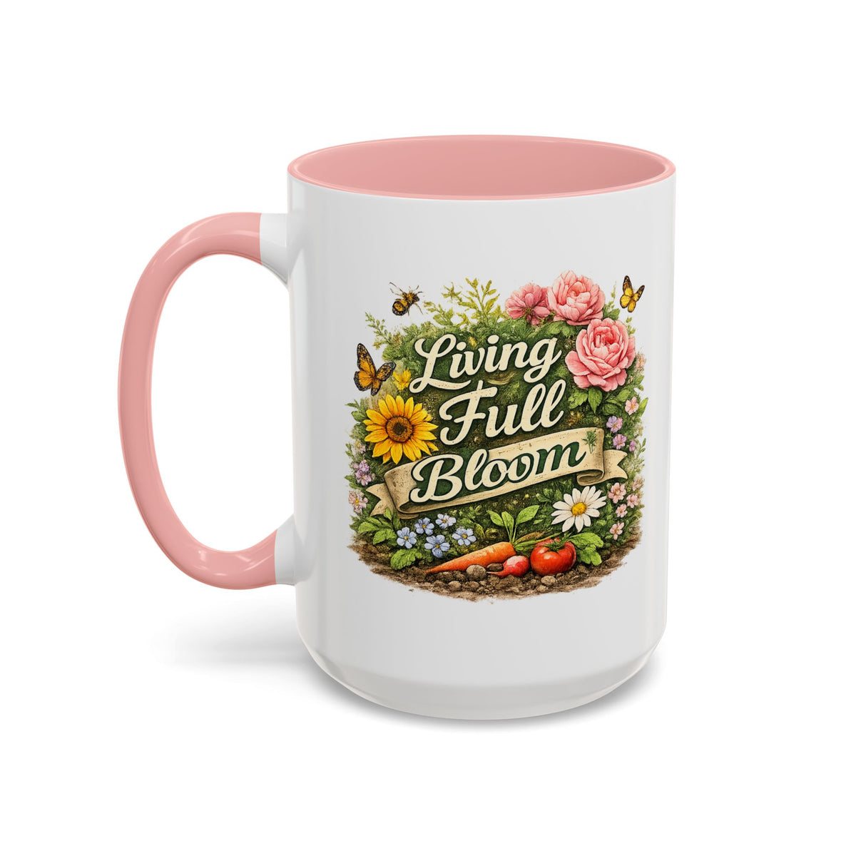 Living Full Bloom Floral Coffee Mug — Garden Lover Coffee Mug, Gardener Gift, Plant Lover Cup, Gardening Mug