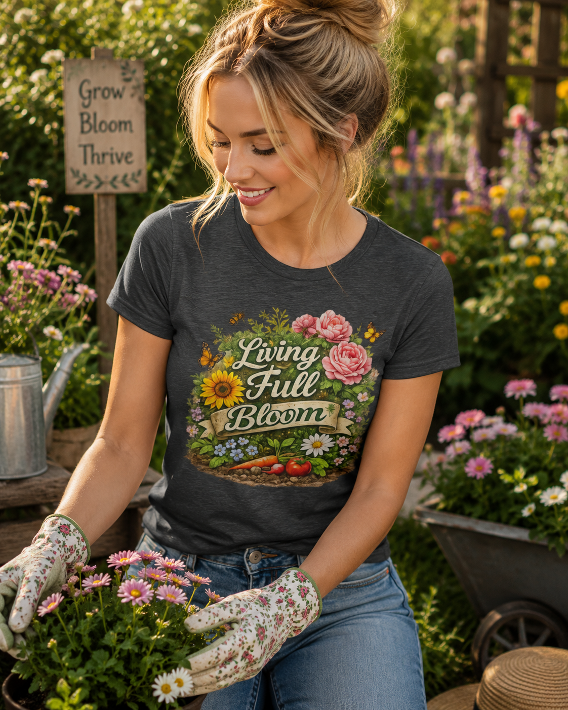 Women's Softstyle Tee, Women’s Gardening Tee, Living in Full Bloom Shirt, Gardener Gift, Plant Lover T-Shirt, Garden Life Shirt