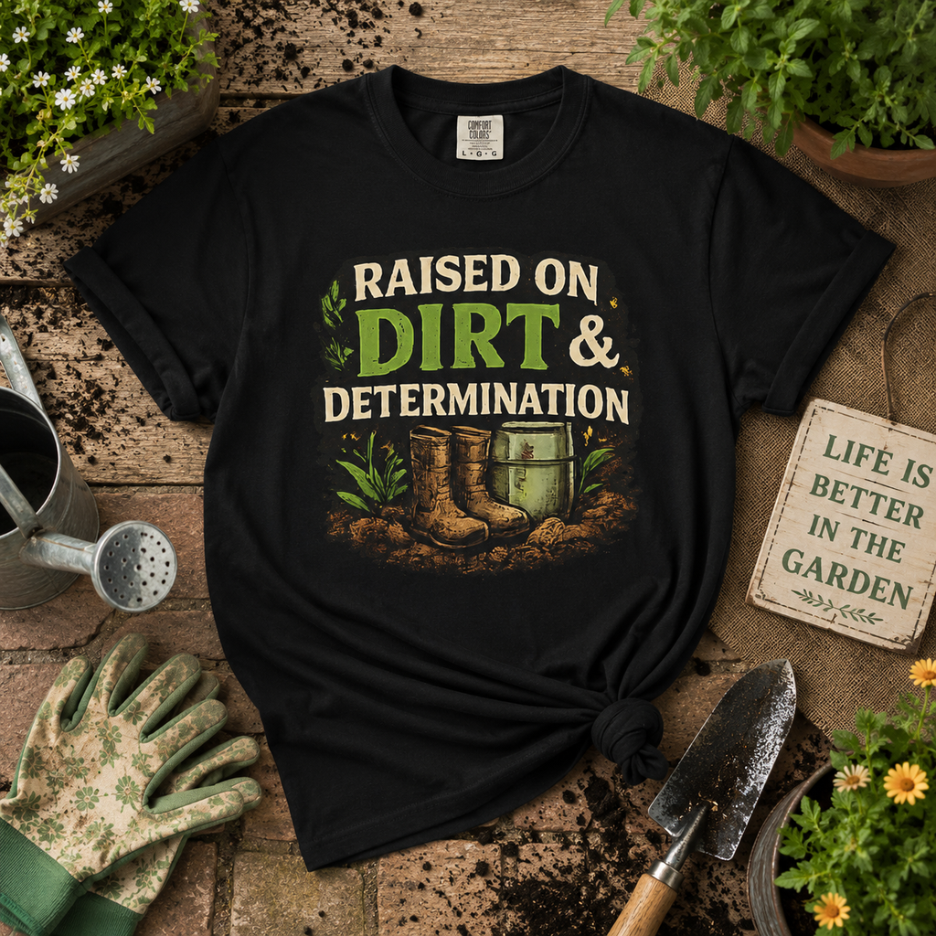 Raised on Dirt & Determination Vintage Garden Lovers Tee, Women's Softstyle Tee, Women’s Gardening Tee, Gardener Gift, Plant Lover T-Shirt, Garden Life Shirt