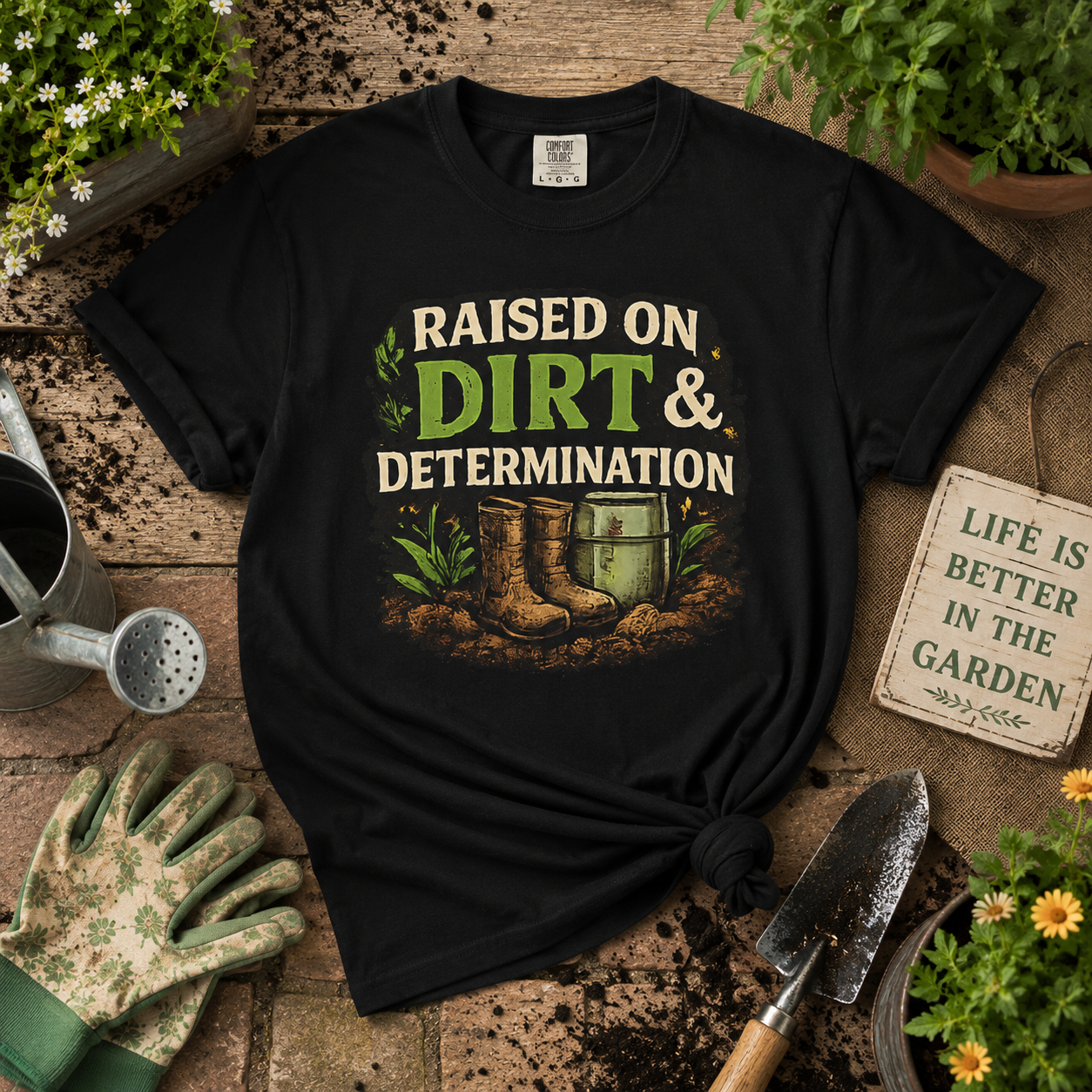 Raised on Dirt & Determination Vintage Garden Lovers Tee, Women's Softstyle Tee, Women’s Gardening Tee, Gardener Gift, Plant Lover T-Shirt, Garden Life Shirt