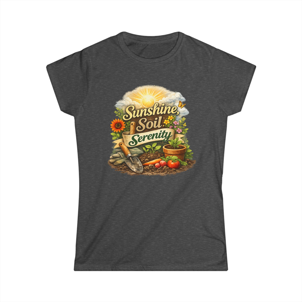 Sunshine, Soil & Serenity  Vintage Garden Lovers Tee, Women's Softstyle Tee, Women’s Gardening Tee, Gardener Gift, Plant Lover T-Shirt, Garden Life Shirt
